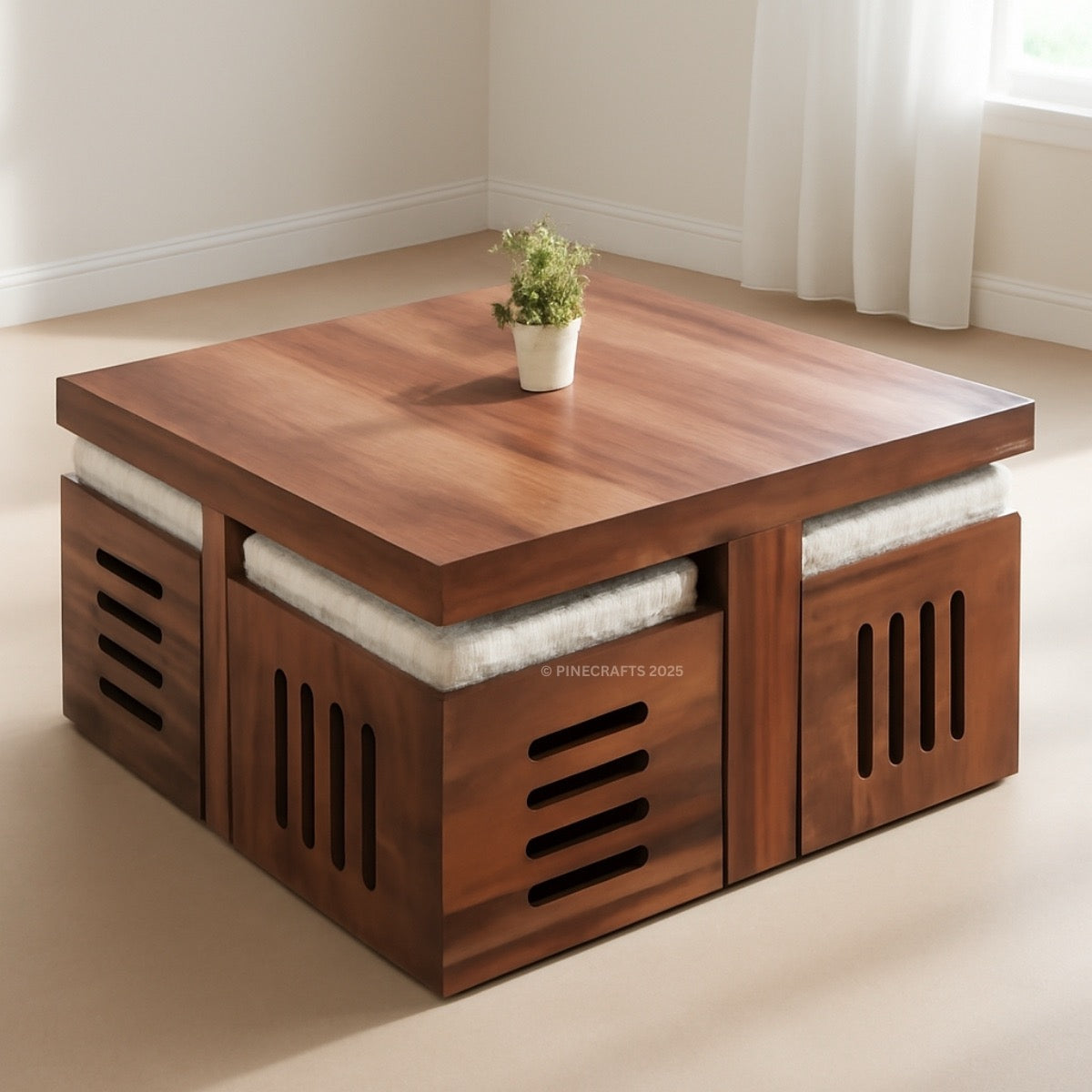 Wooden coffee table with storage compartments and a plant on top in a room setting.